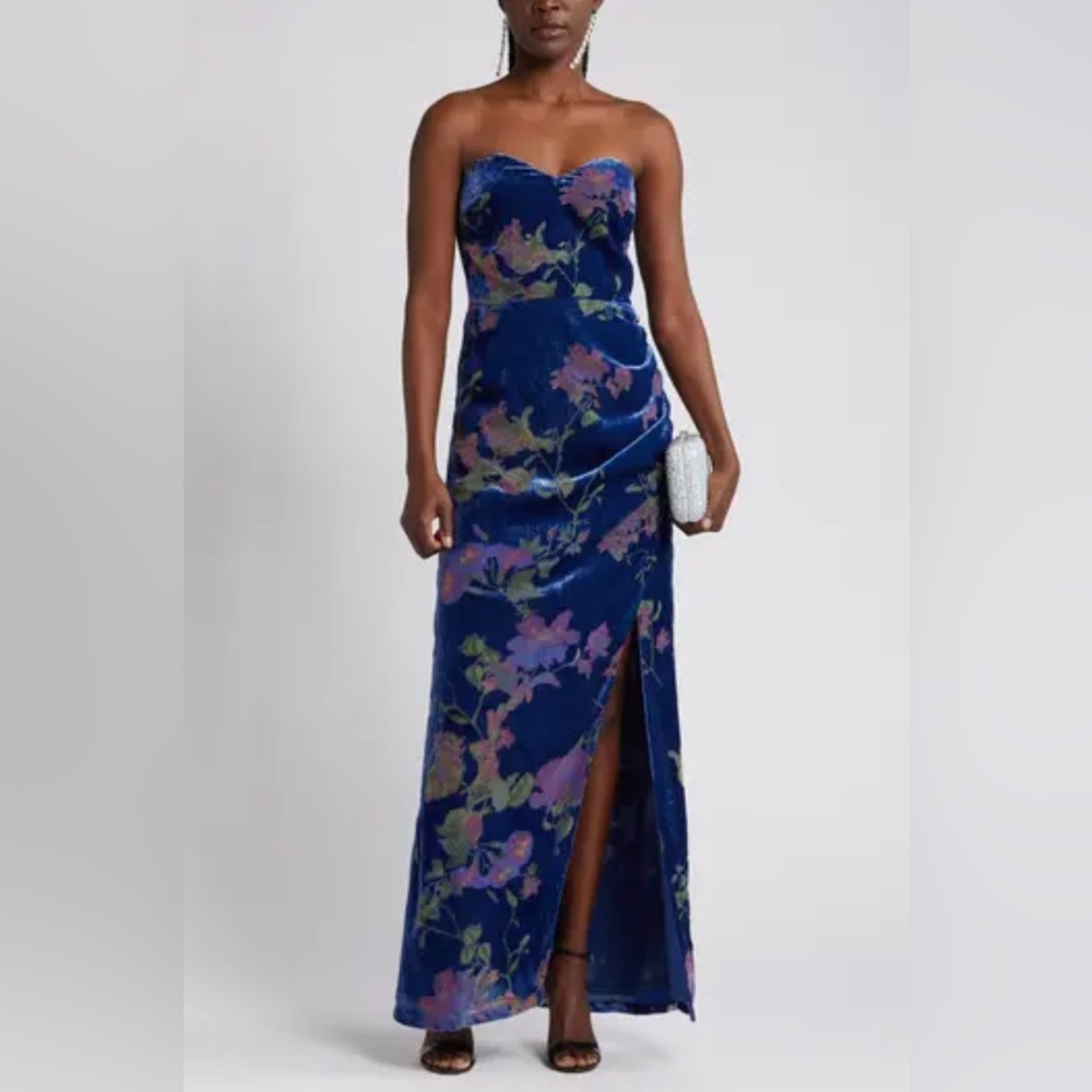 Lulu’s velvet blue floral strapless floor length dress.